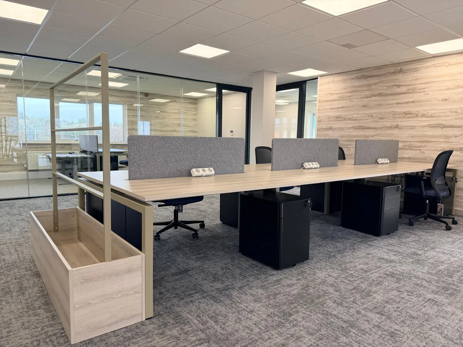 Open-plan bench desks with grey privacy screens, carpet tiles, and timber feature wall at Boluda Towage office